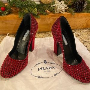 Prada Crystal Embellished block heeled pumps in dazzling red